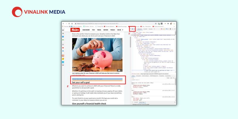 chọn biểu tượng mũi tên góc trái màn hình Inspect và chọn nội dung bên trang web